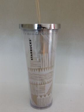 Starbucks Clear Acrylic Tumbler with White Geometric Pattern and Silver Lid